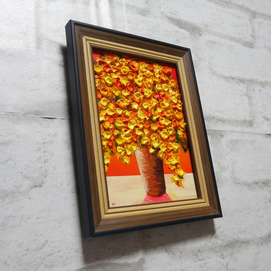 油絵 油彩 油彩画 絵 絵画 ミニ絵画【黄色のミモザ】