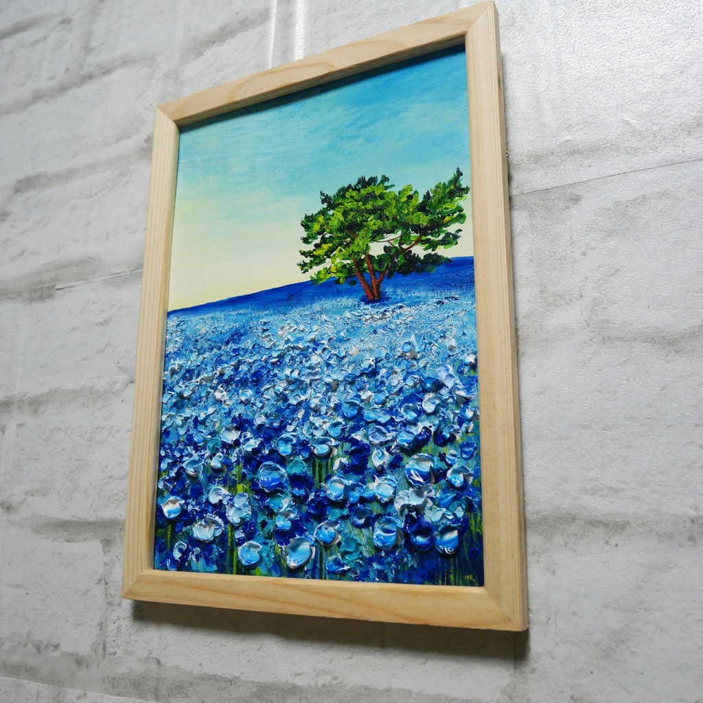 油絵 油彩 油彩画 絵 絵画【朝のネモフィラの丘】