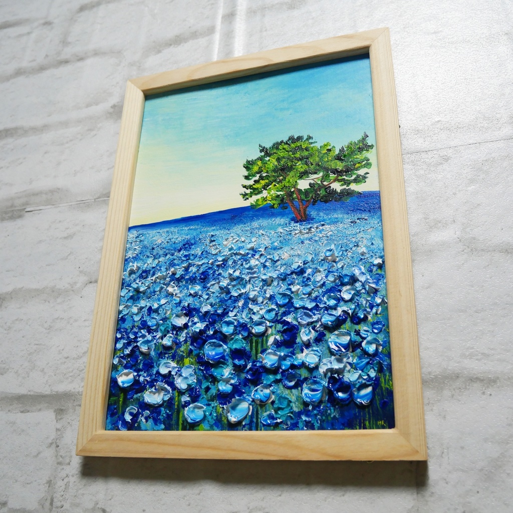 油絵 油彩 油彩画 絵 絵画【朝のネモフィラの丘】