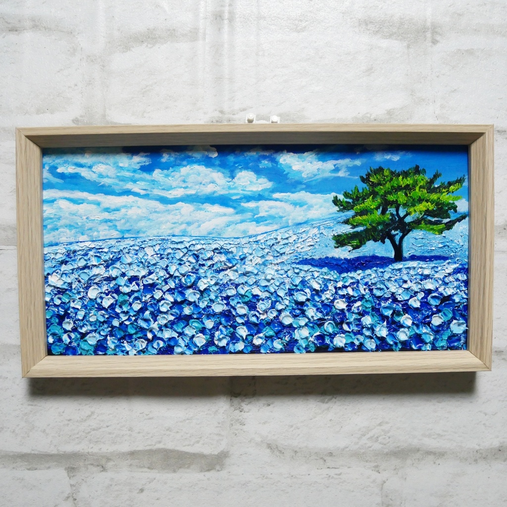 油彩画「ネモヒィラの丘」3Dキャンパス - 絵画/タペストリ
