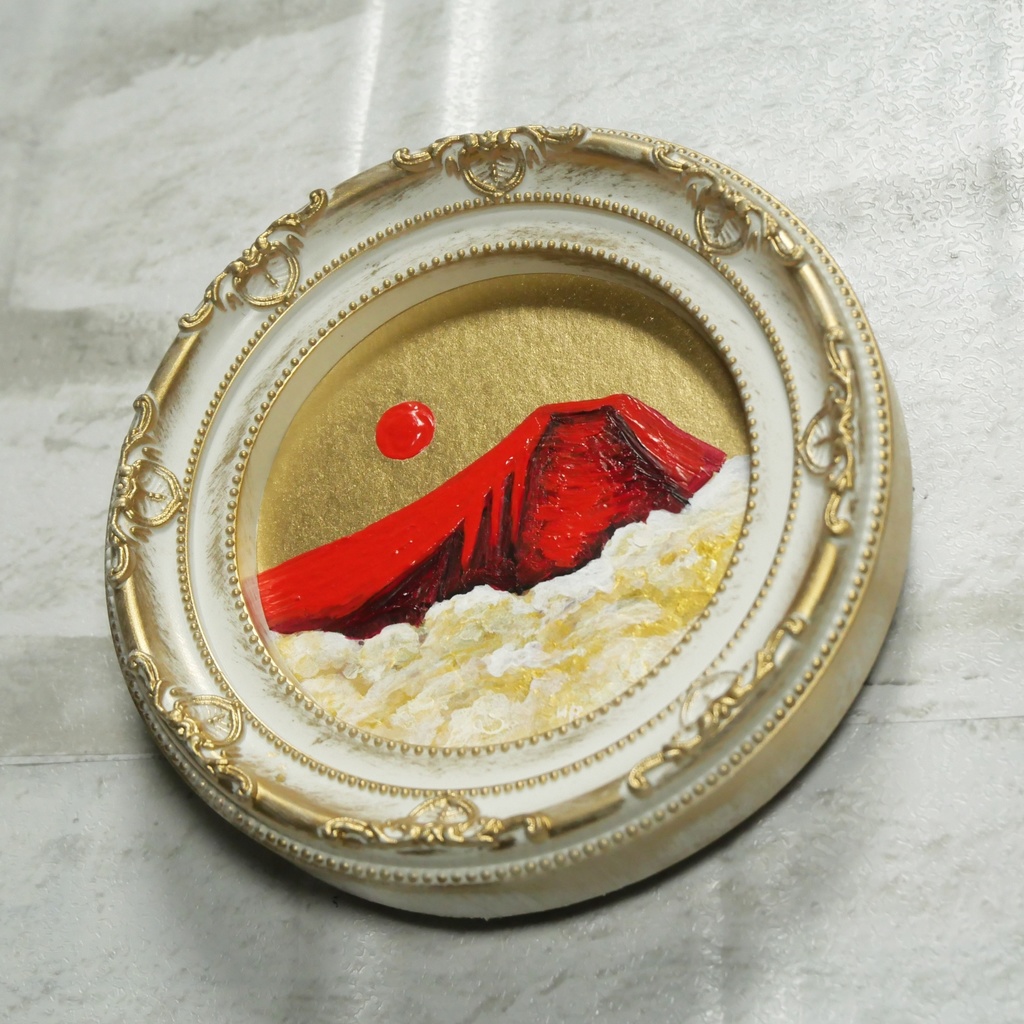 油絵 油彩 油彩画 絵 絵画 円形ミニ絵画 【赤富士】