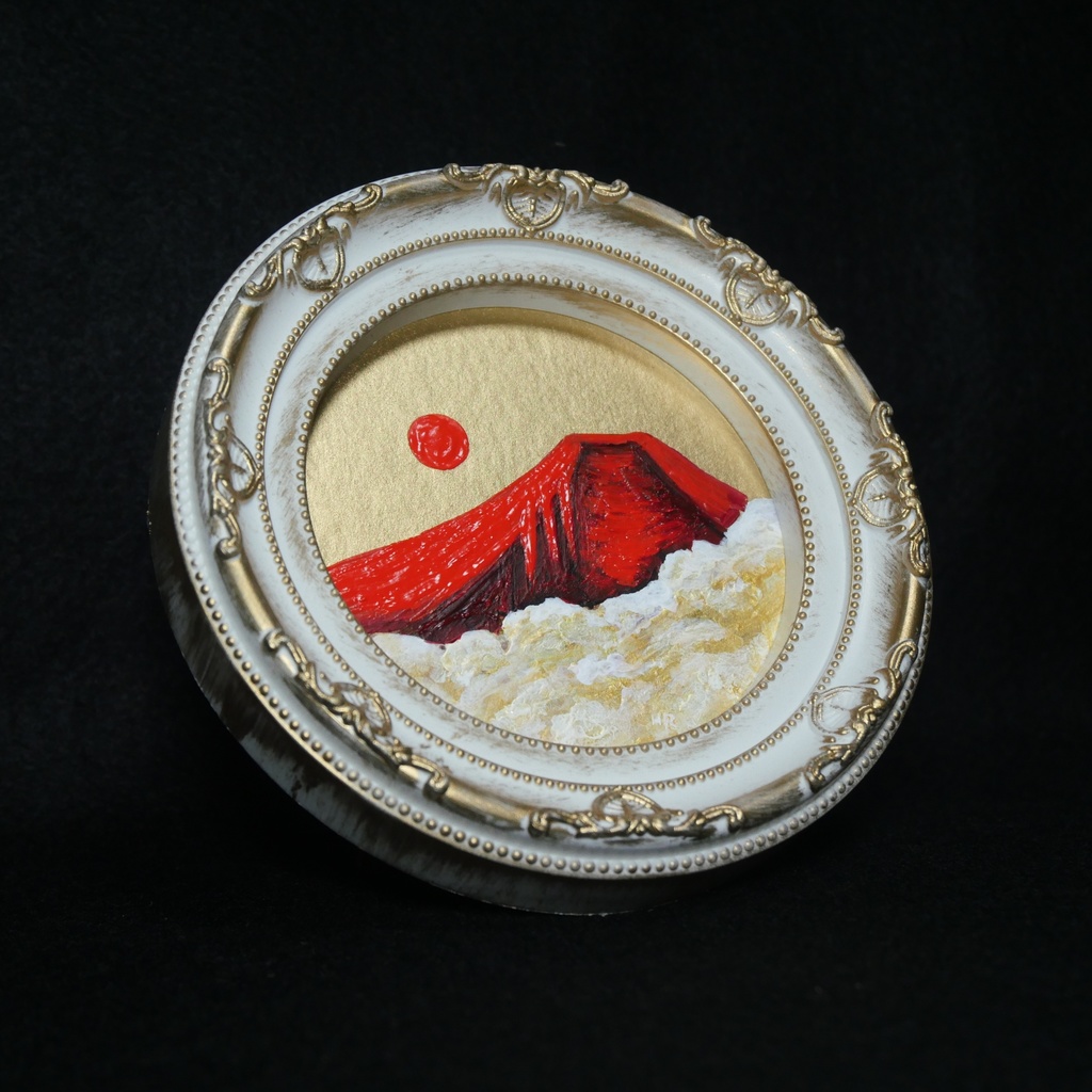 油絵 油彩 油彩画 絵 絵画 円形ミニ絵画 【赤富士】