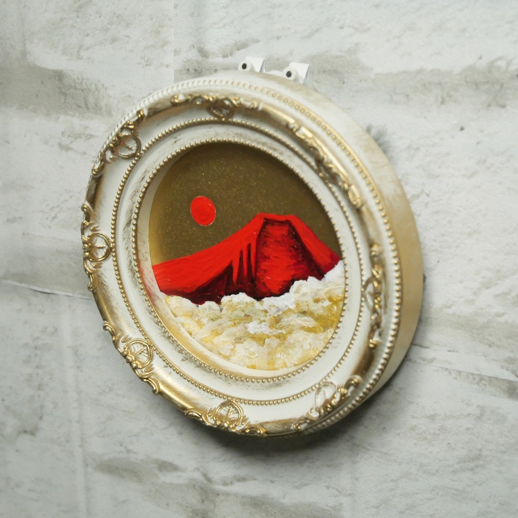 油絵 油彩 油彩画 絵 絵画 円形ミニ絵画 【赤富士】