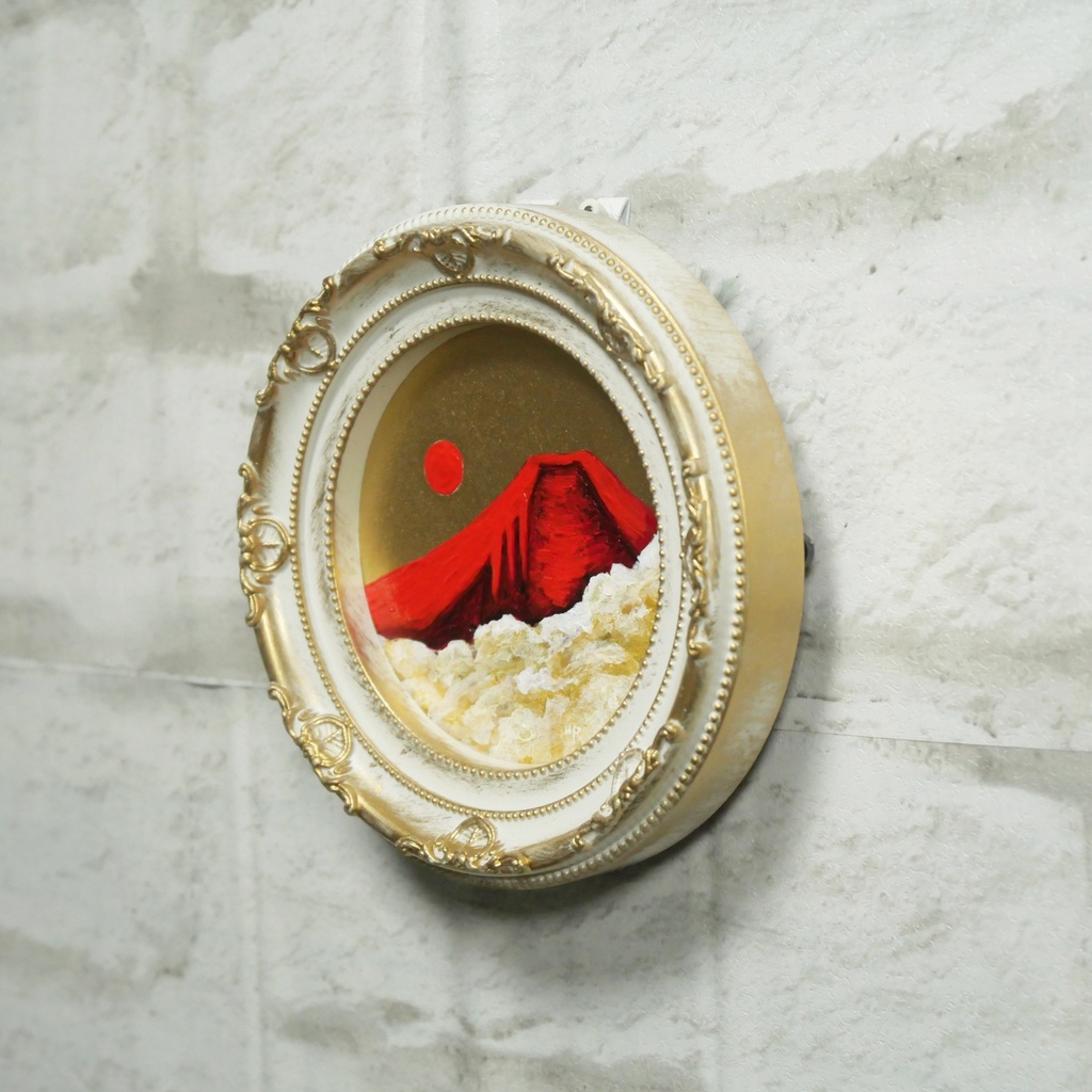 油絵 油彩 油彩画 絵 絵画 円形ミニ絵画 【赤富士】