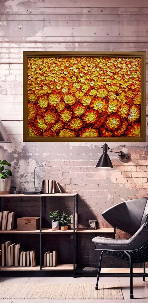 油絵 油彩 油彩画 絵 絵画 マリーゴールド畑【A2】