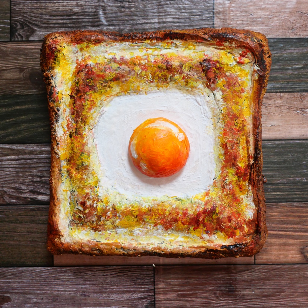 油絵 絵画 アートパネル【目玉トースト】