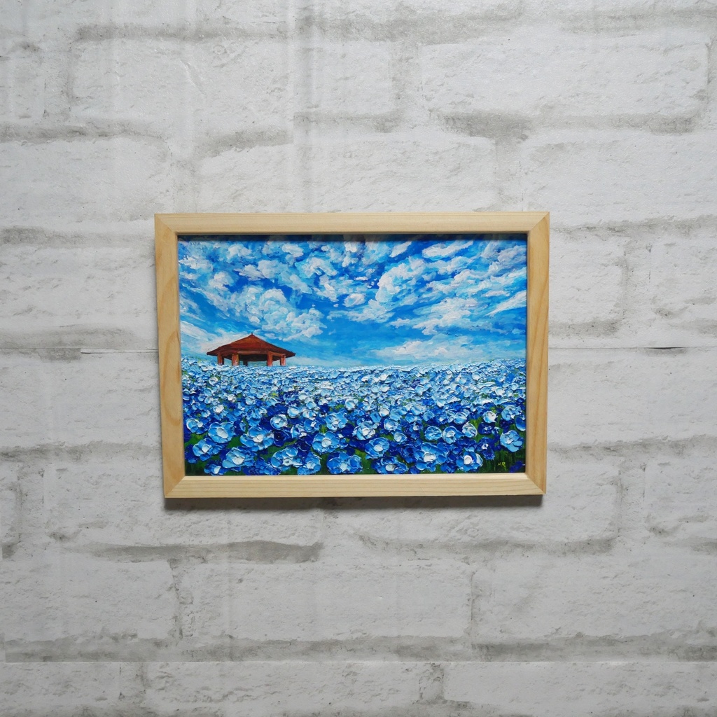 油絵 油彩 油彩画 絵 絵画【青空と雲のネモフィラ】