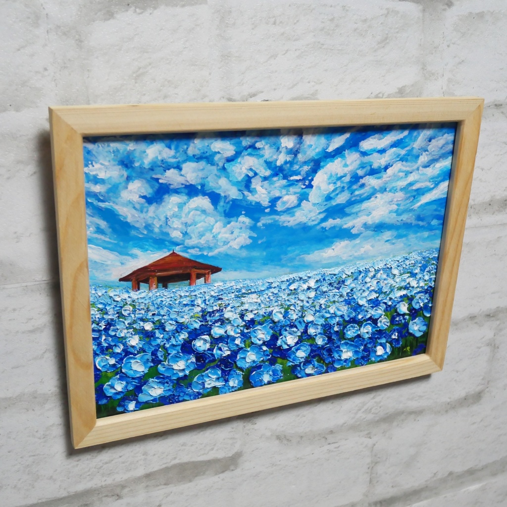 油絵 油彩 油彩画 絵 絵画【青空と雲のネモフィラ】
