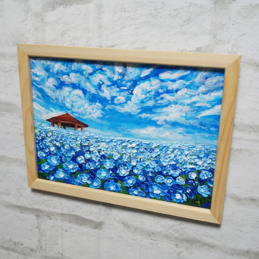 油絵 油彩 油彩画 絵 絵画【青空と雲のネモフィラ】
