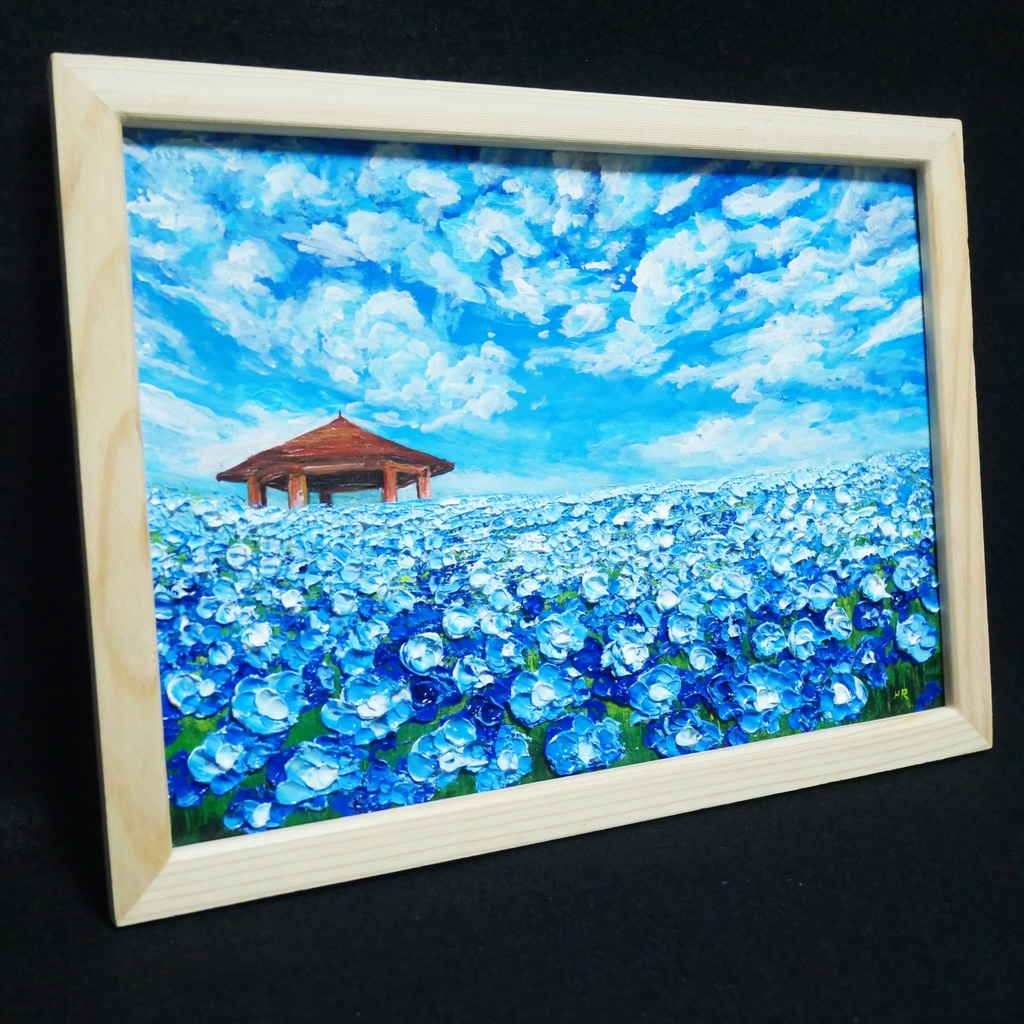 油絵 油彩 油彩画 絵 絵画【青空と雲のネモフィラ】