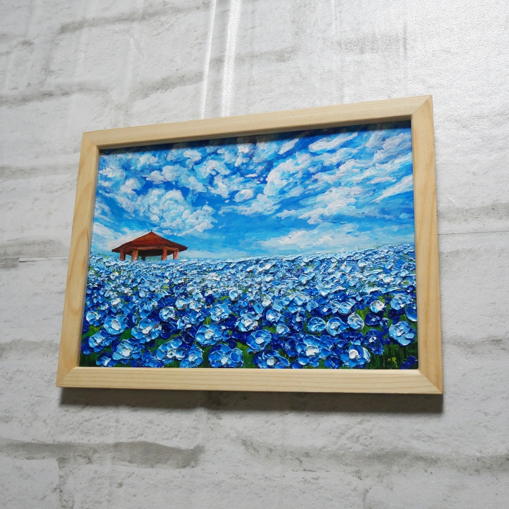 油絵 油彩 油彩画 絵 絵画【青空と雲のネモフィラ】