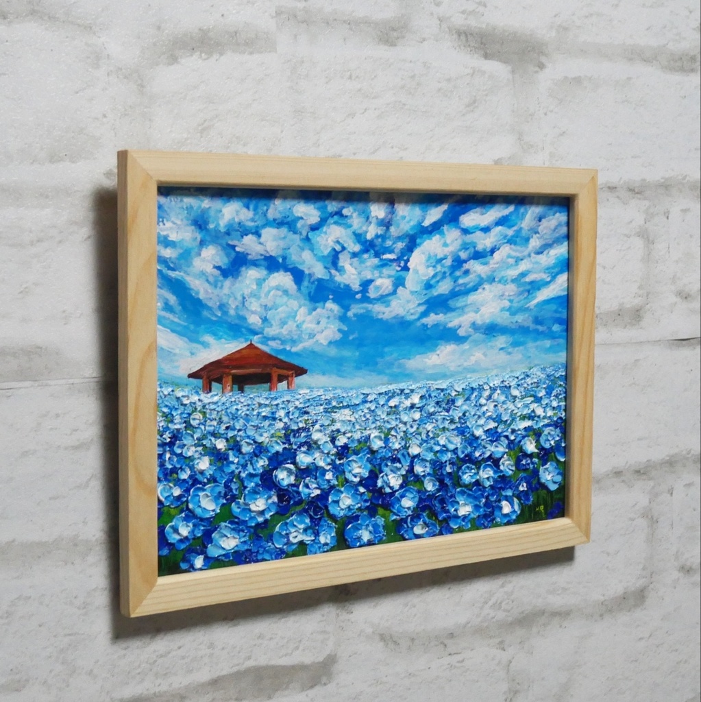 油絵 油彩 油彩画 絵 絵画【青空と雲のネモフィラ】
