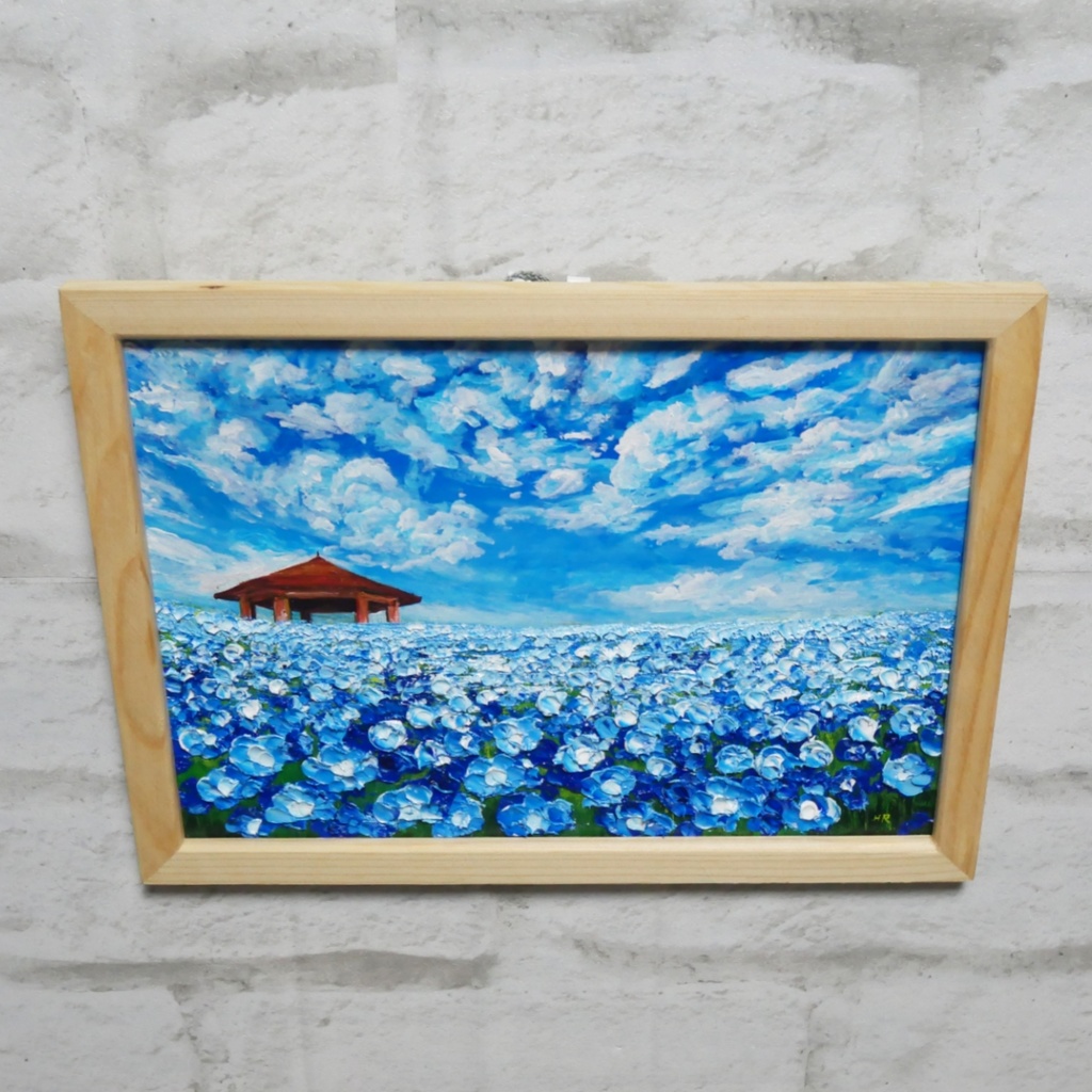 油絵 油彩 油彩画 絵 絵画【青空と雲のネモフィラ】