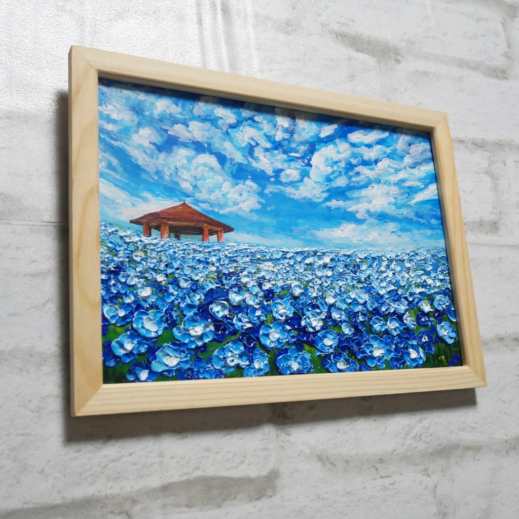 油絵 油彩 油彩画 絵 絵画【青空と雲のネモフィラ】