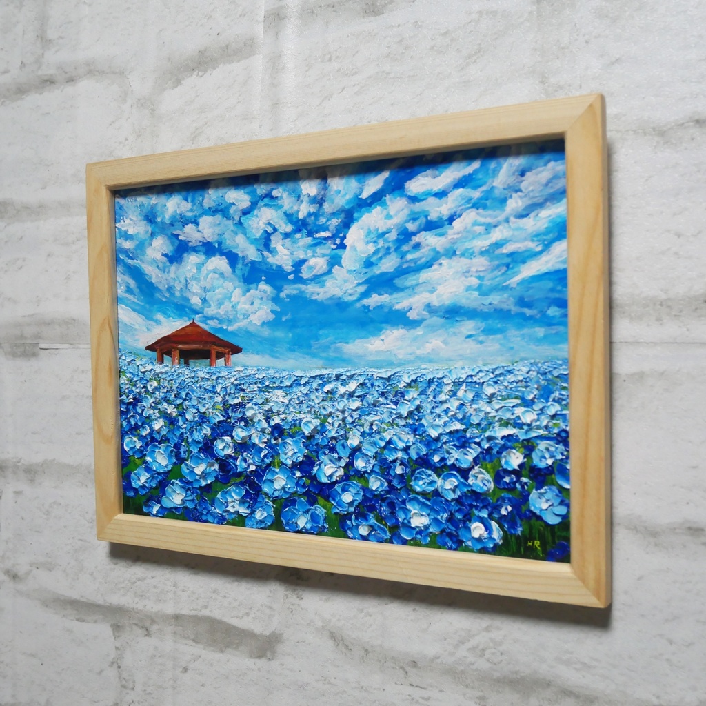 油絵 油彩 油彩画 絵 絵画【青空と雲のネモフィラ】