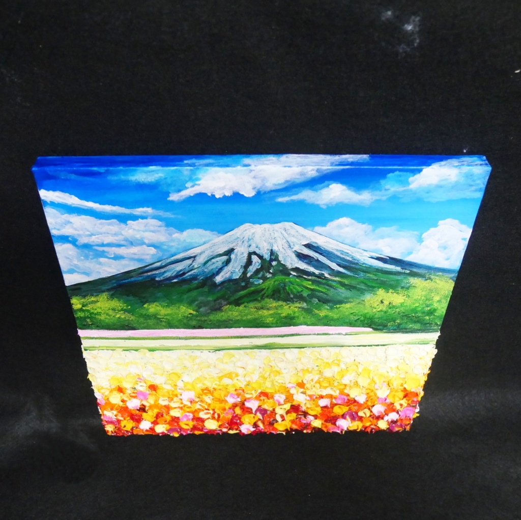 油絵 絵画 アートパネル【お花畑と富士山】