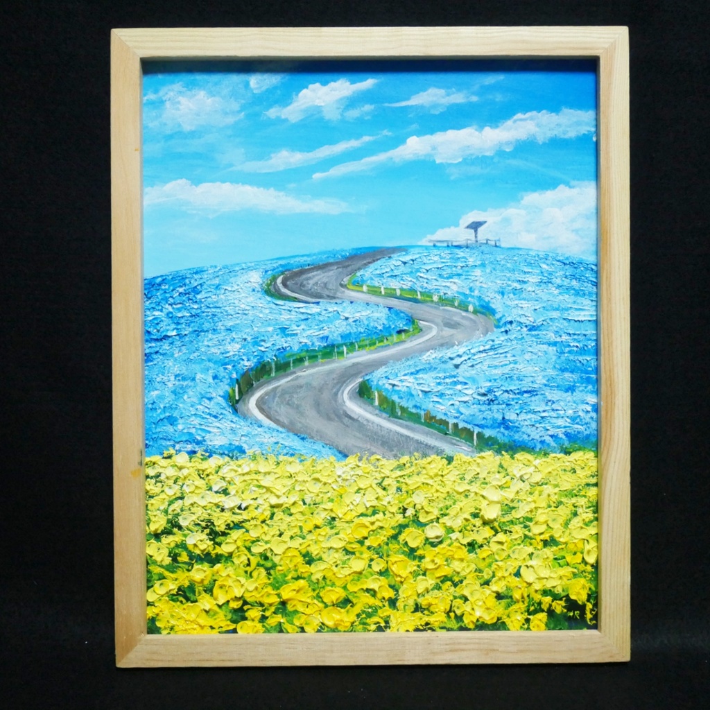 油絵 油彩 油彩画 絵画 絵【ネモフィラと菜の花の道】