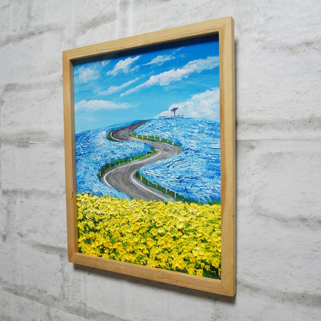 油絵 油彩 油彩画 絵画 絵【ネモフィラと菜の花の道】