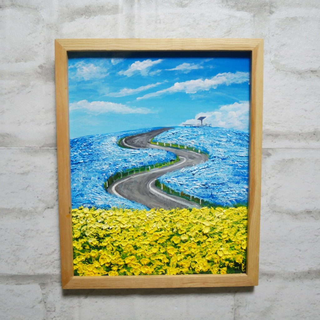 油絵 油彩 油彩画 絵画 絵【ネモフィラと菜の花の道】