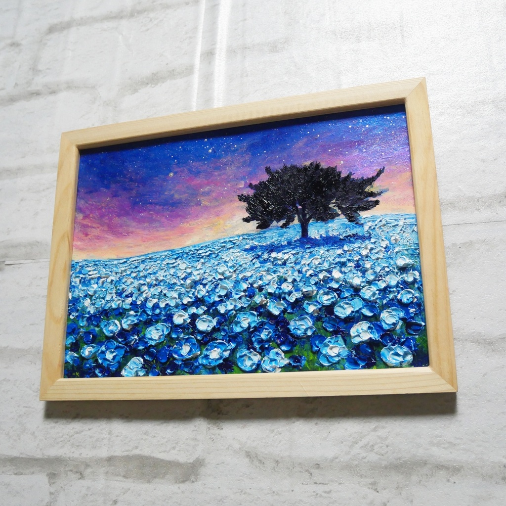 油絵 油彩 油彩画 絵画 絵【夜空のネモフィラの丘】