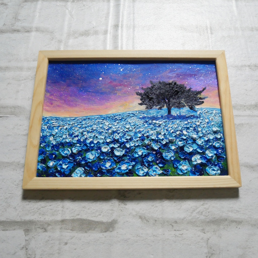 油絵 油彩 油彩画 絵画 絵【夜空のネモフィラの丘】