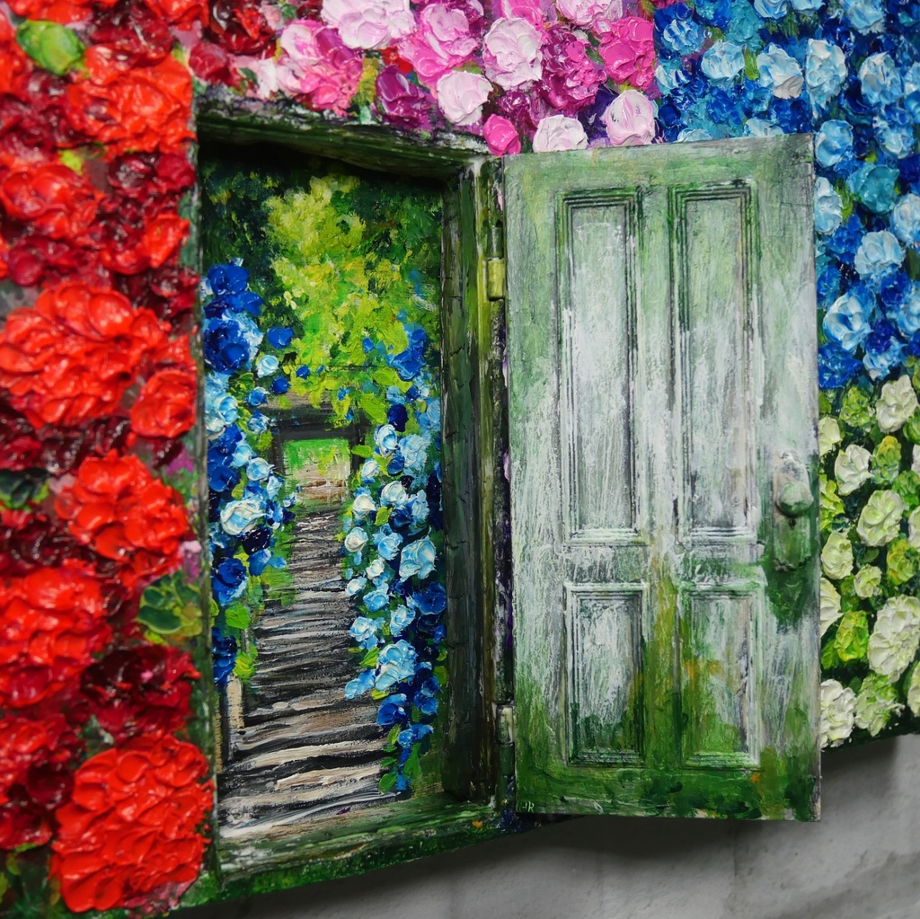 油絵 油彩 油彩画 絵画 絵【扉の先の紫陽花の階段】