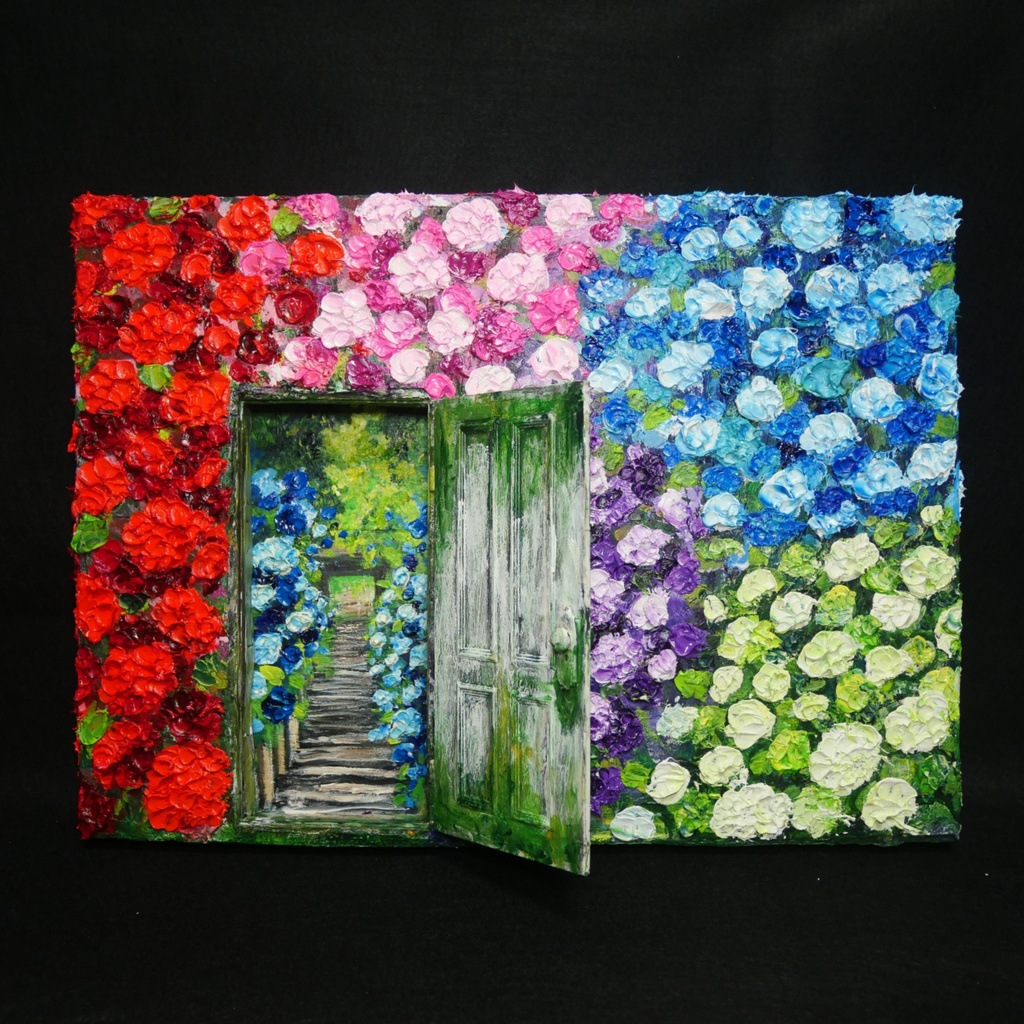 油絵 油彩 油彩画 絵画 絵【扉の先の紫陽花の階段】