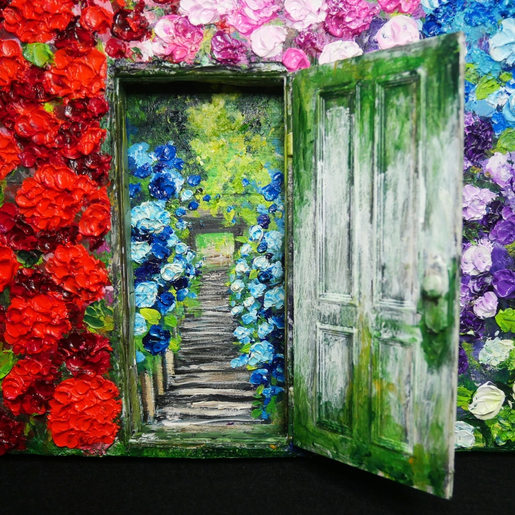 油絵 油彩 油彩画 絵画 絵【扉の先の紫陽花の階段】
