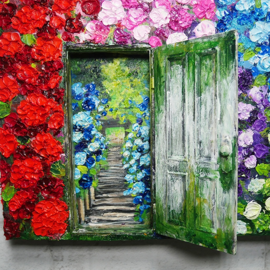 油絵 油彩 油彩画 絵画 絵【扉の先の紫陽花の階段】