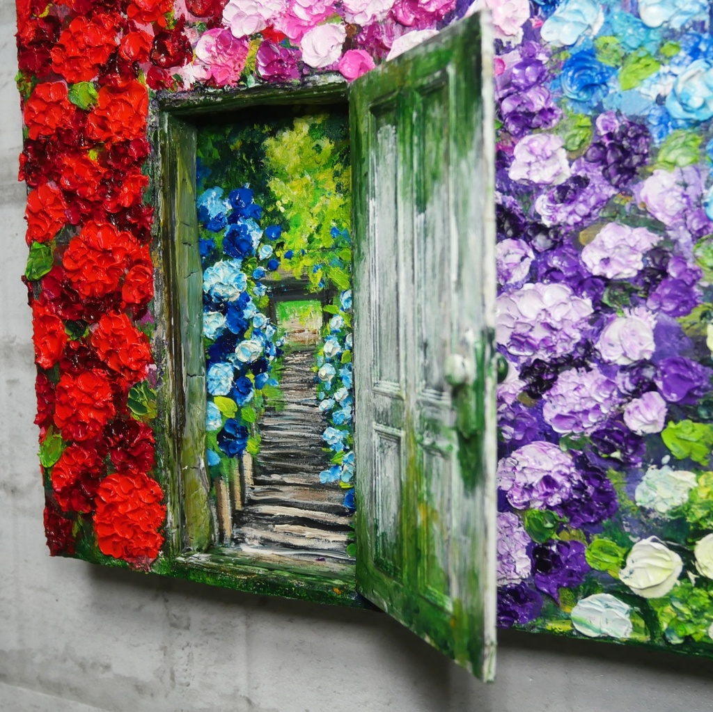 油絵 油彩 油彩画 絵画 絵【扉の先の紫陽花の階段】