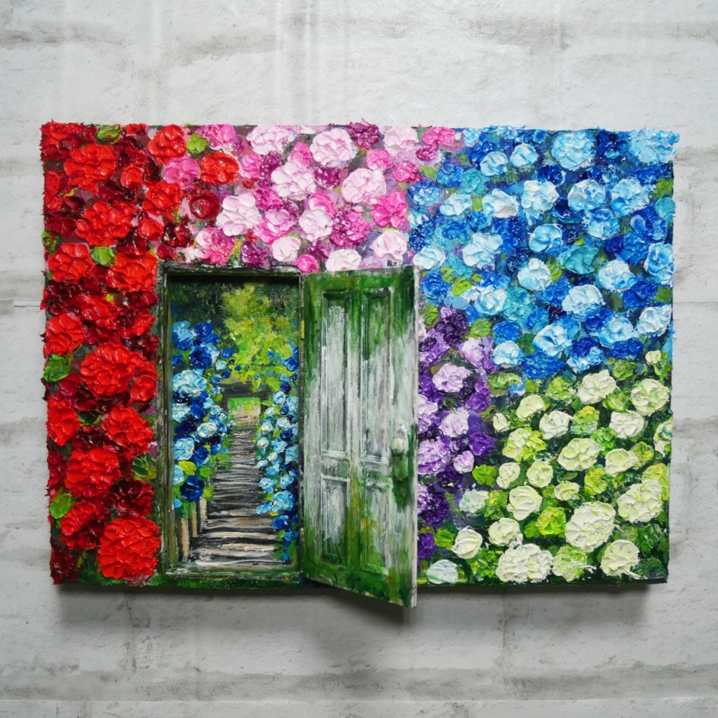 油絵 油彩 油彩画 絵画 絵【扉の先の紫陽花の階段】