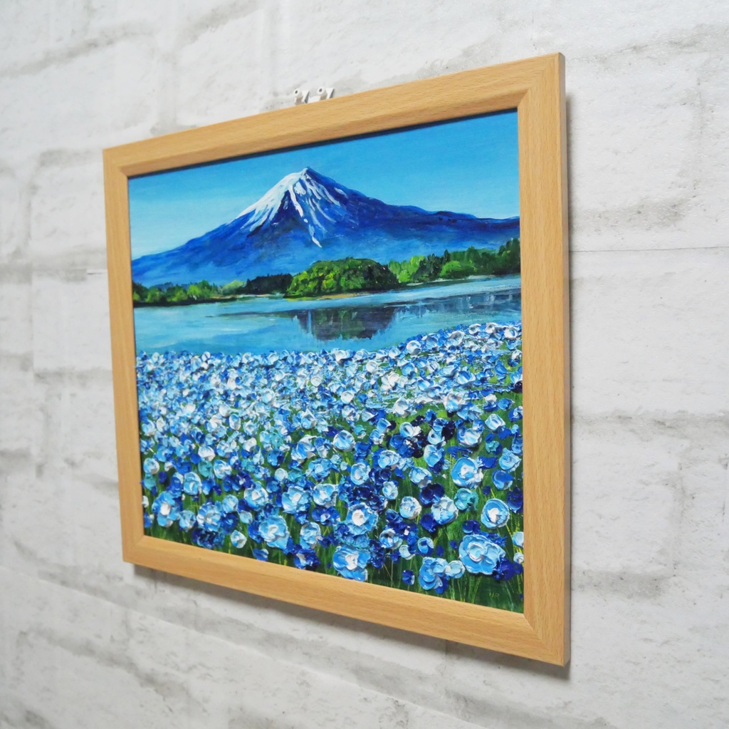 油絵 油彩 油彩画 絵 絵画【富士山とネモフィラの美しき湖の鏡】
