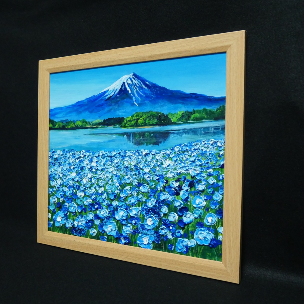 油絵 油彩 油彩画 絵 絵画【富士山とネモフィラの美しき湖の鏡】