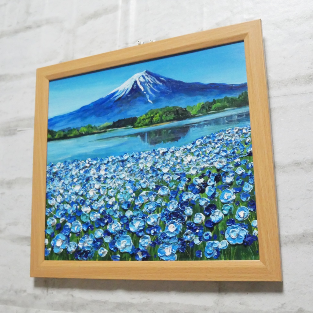 油絵 油彩 油彩画 絵 絵画【富士山とネモフィラの美しき湖の鏡】