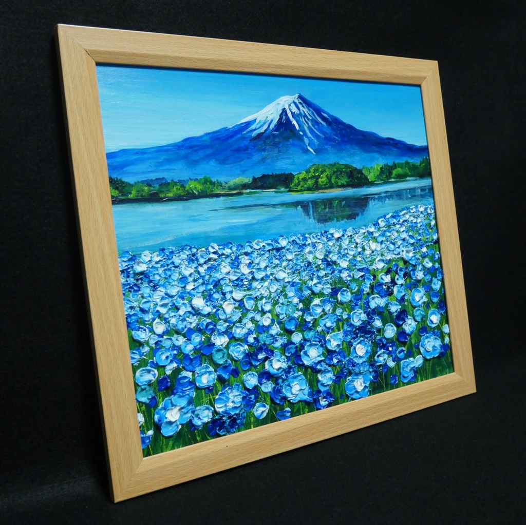 油絵 油彩 油彩画 絵 絵画【富士山とネモフィラの美しき湖の鏡】