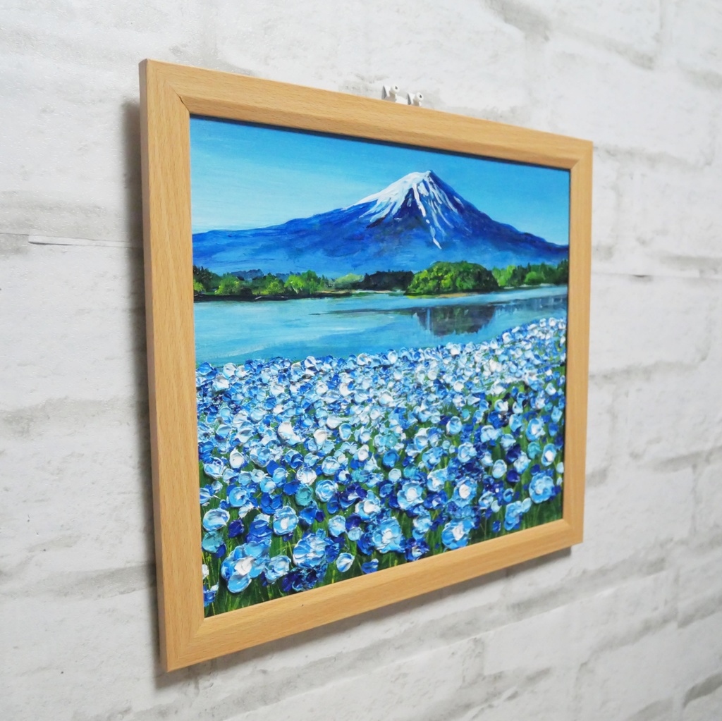 油絵 油彩 油彩画 絵 絵画【富士山とネモフィラの美しき湖の鏡】