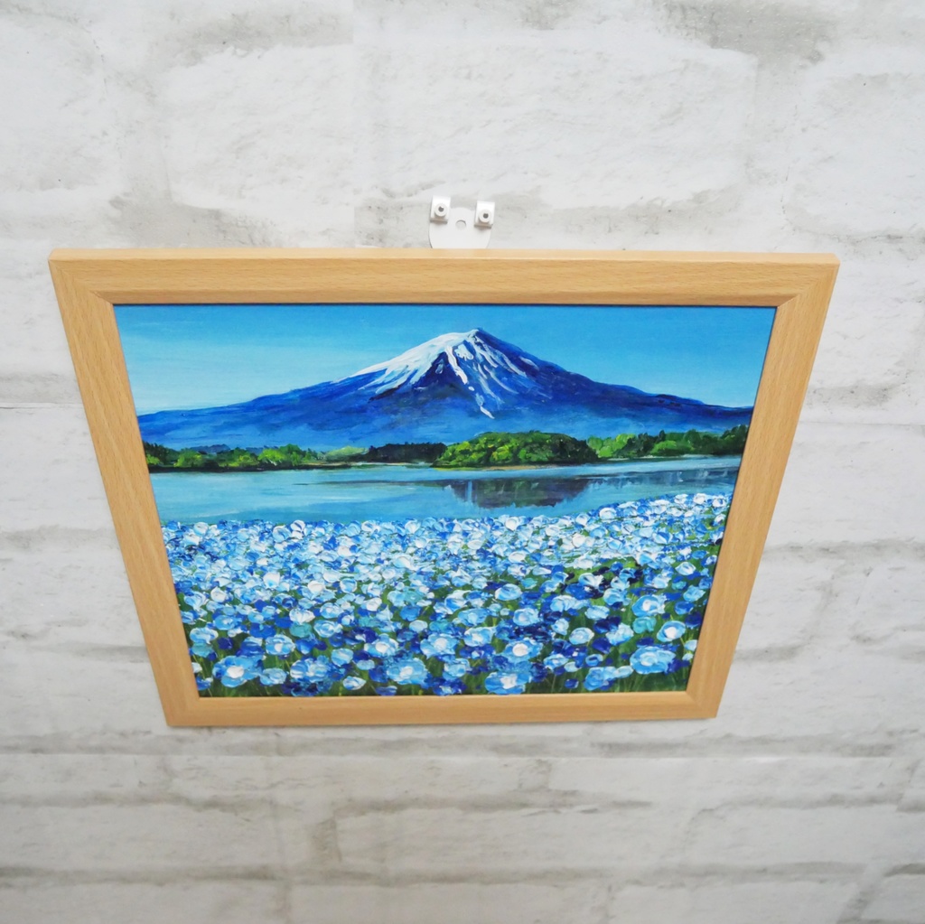 油絵 油彩 油彩画 絵 絵画【富士山とネモフィラの美しき湖の鏡】