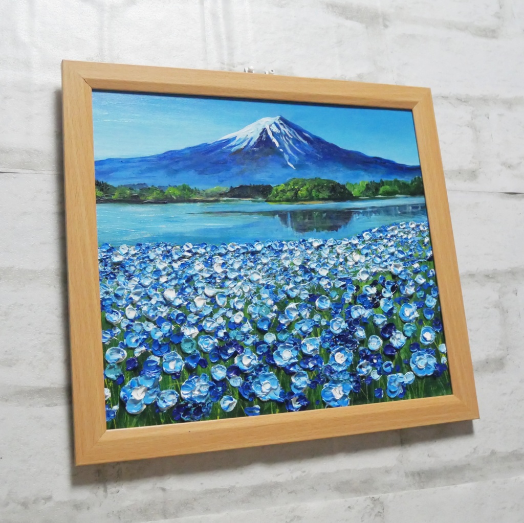 油絵 油彩 油彩画 絵 絵画【富士山とネモフィラの美しき湖の鏡】