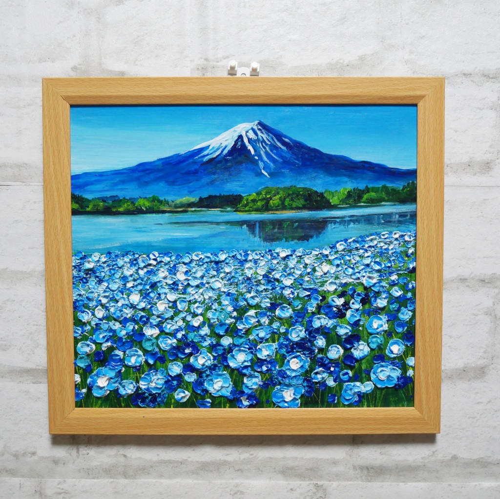 油絵 油彩 油彩画 絵 絵画【富士山とネモフィラの美しき湖の鏡】