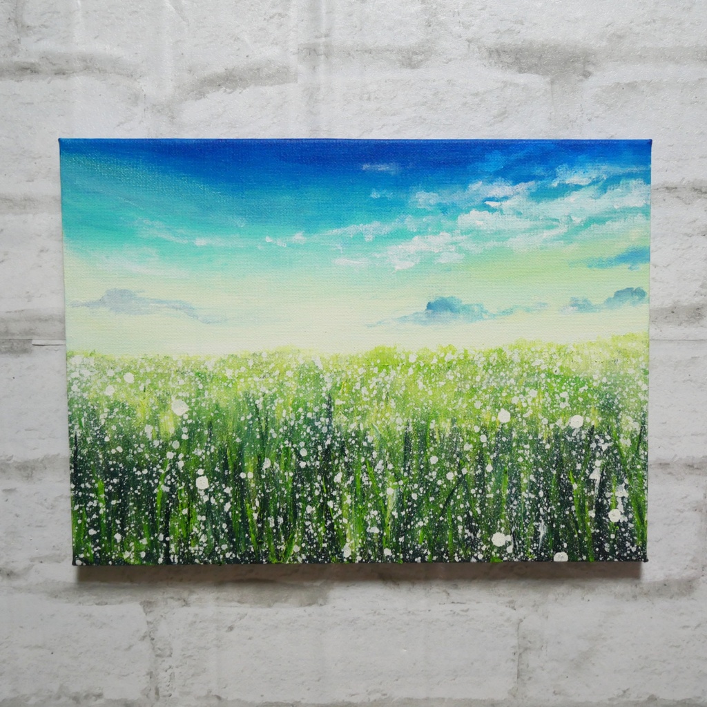 油絵 油彩 油彩画 絵 絵画　【草原に咲く白い花と朝日】