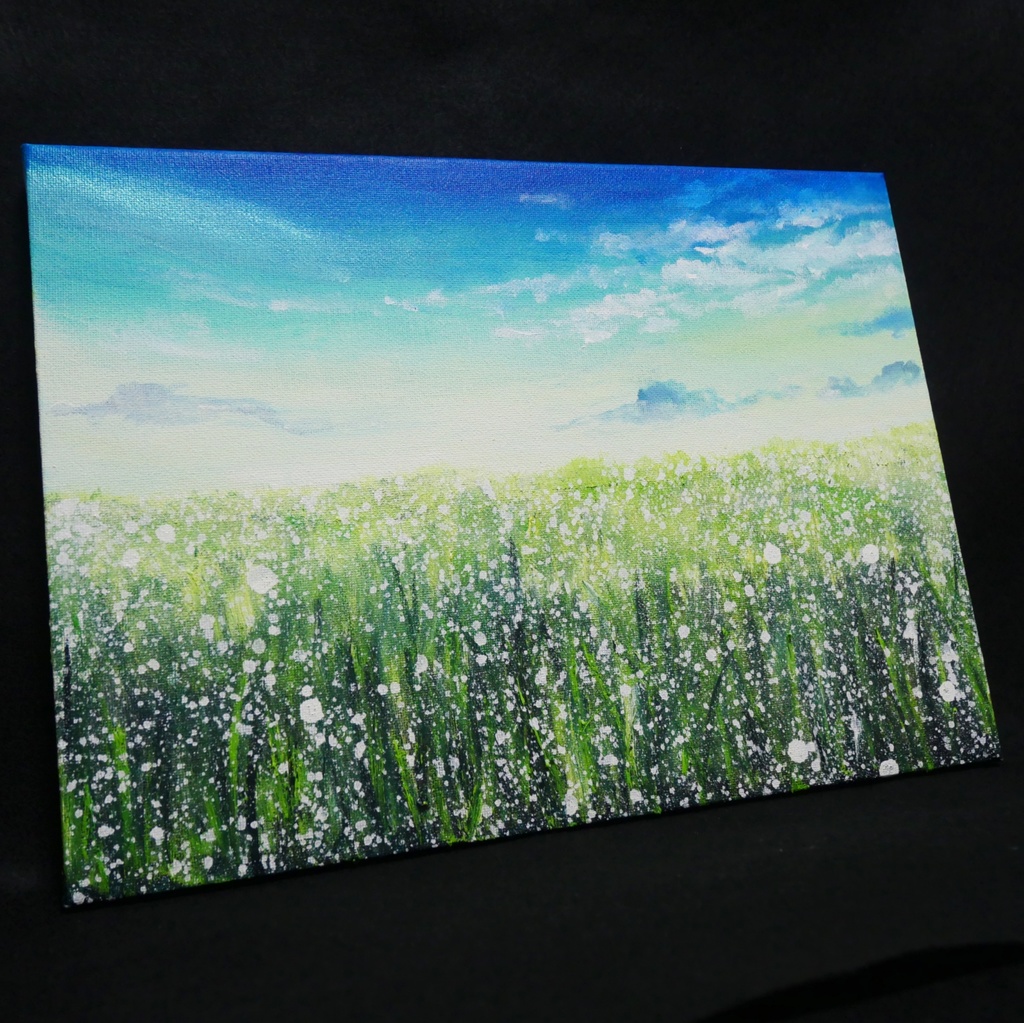 油絵 油彩 油彩画 絵 絵画 【草原に咲く白い花と朝日】