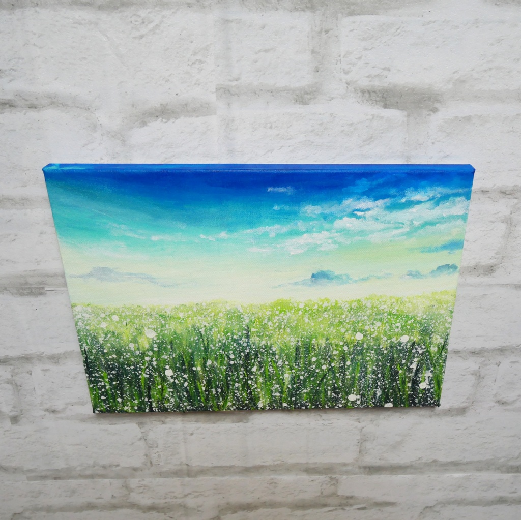 油絵 油彩 油彩画 絵 絵画 【草原に咲く白い花と朝日】