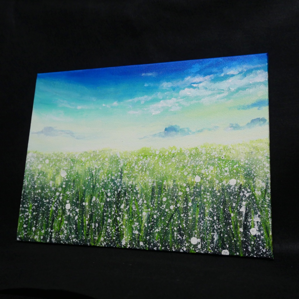 油絵 油彩 油彩画 絵 絵画 【草原に咲く白い花と朝日】