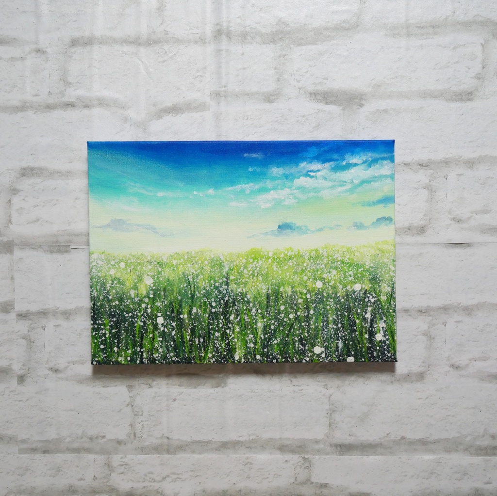 油絵 油彩 油彩画 絵 絵画 【草原に咲く白い花と朝日】