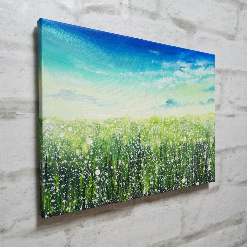 油絵 油彩 油彩画 絵 絵画 【草原に咲く白い花と朝日】