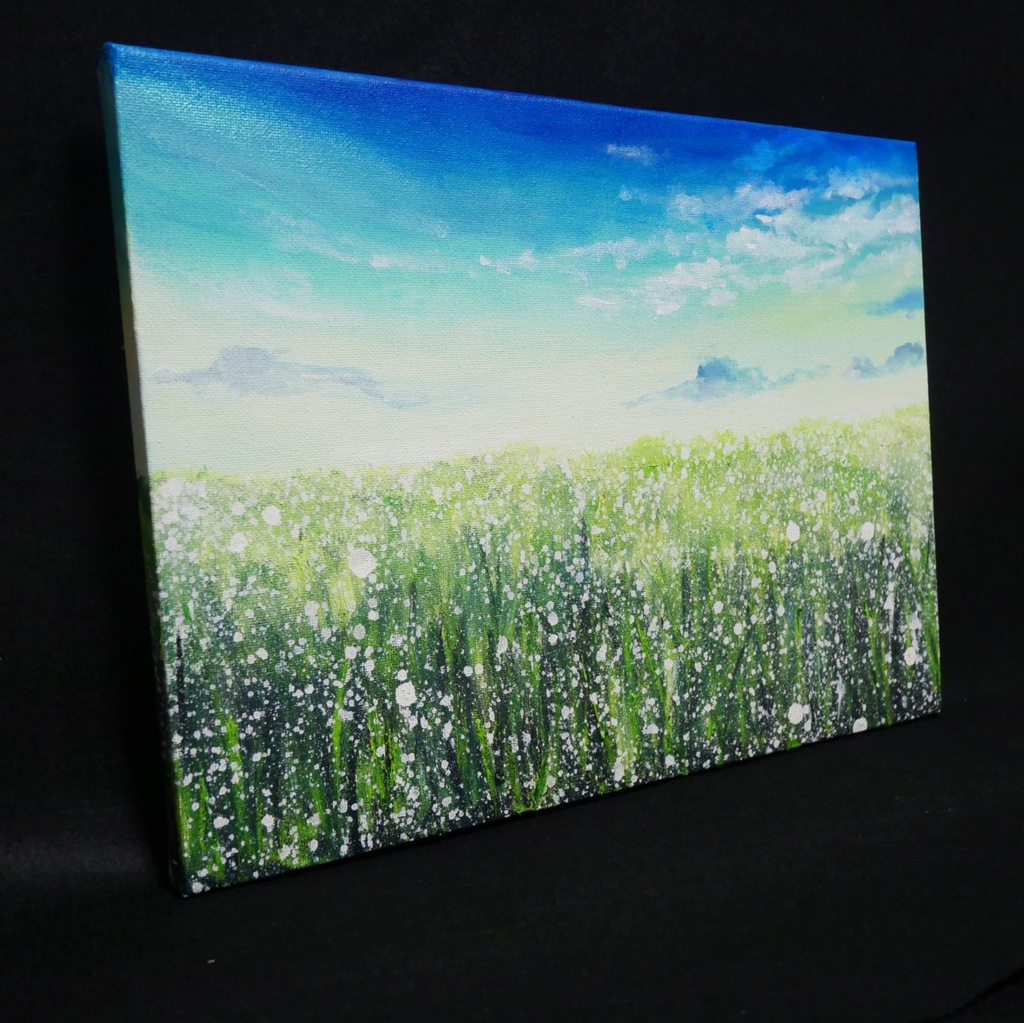 油絵 油彩 油彩画 絵 絵画 【草原に咲く白い花と朝日】