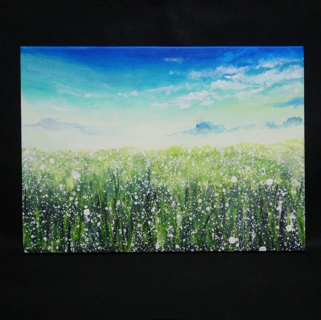 油絵 油彩 油彩画 絵 絵画 【草原に咲く白い花と朝日】