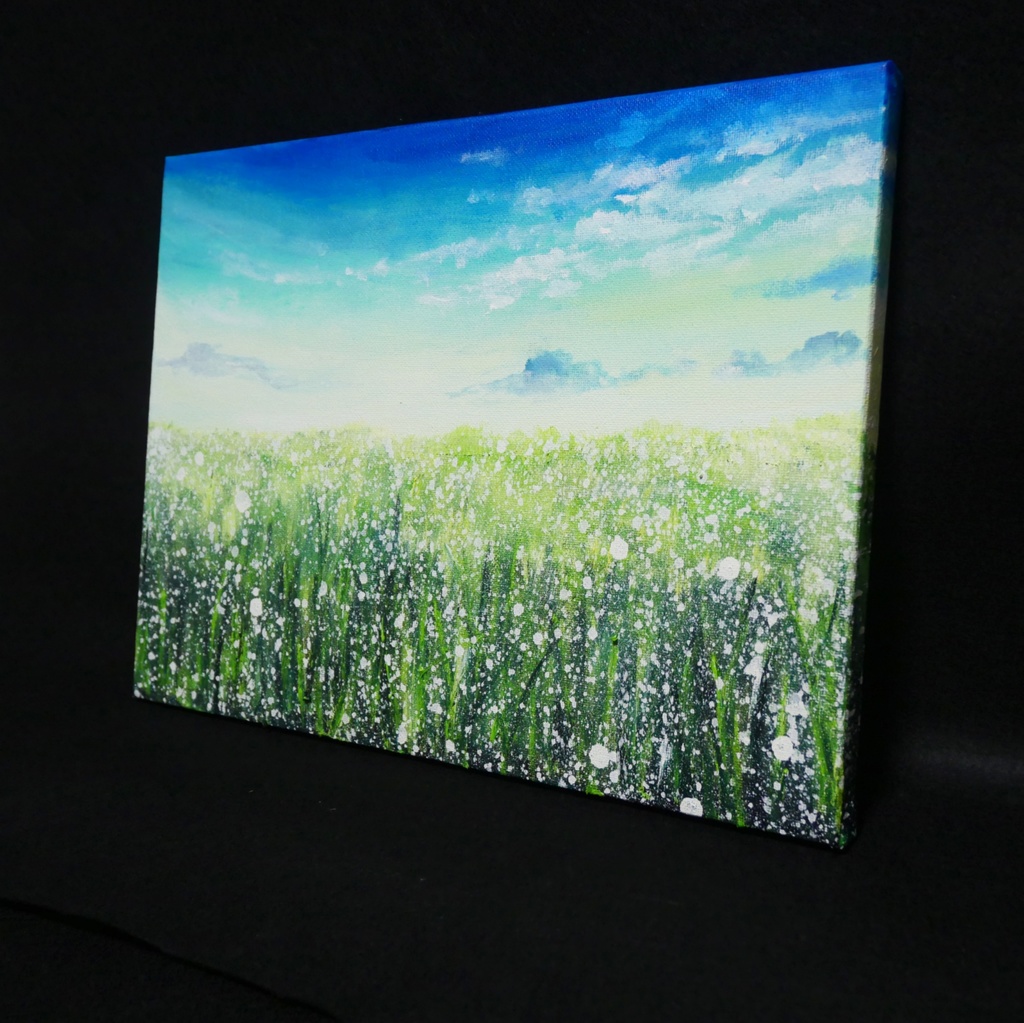 油絵 油彩 油彩画 絵 絵画 【草原に咲く白い花と朝日】