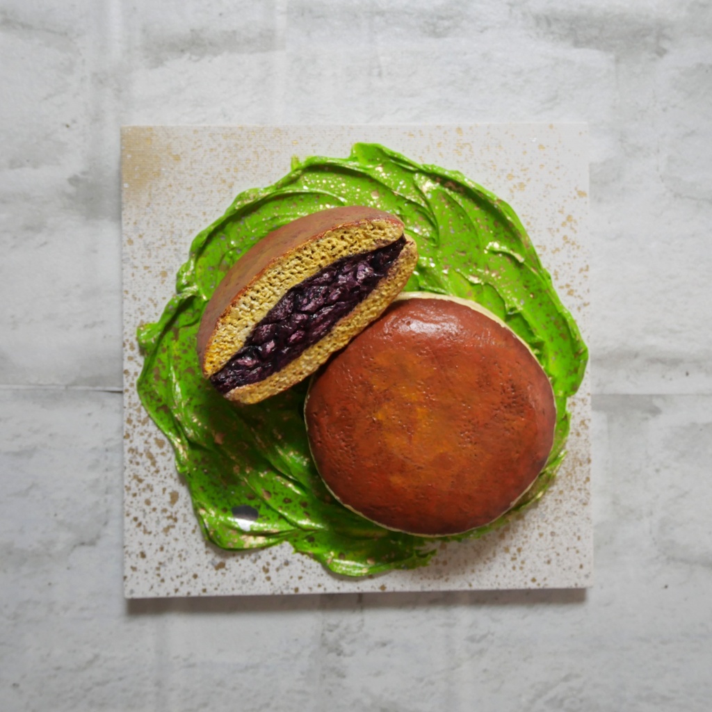 油絵 油彩 油彩画 絵 絵画 【抹茶の上のどら焼き】