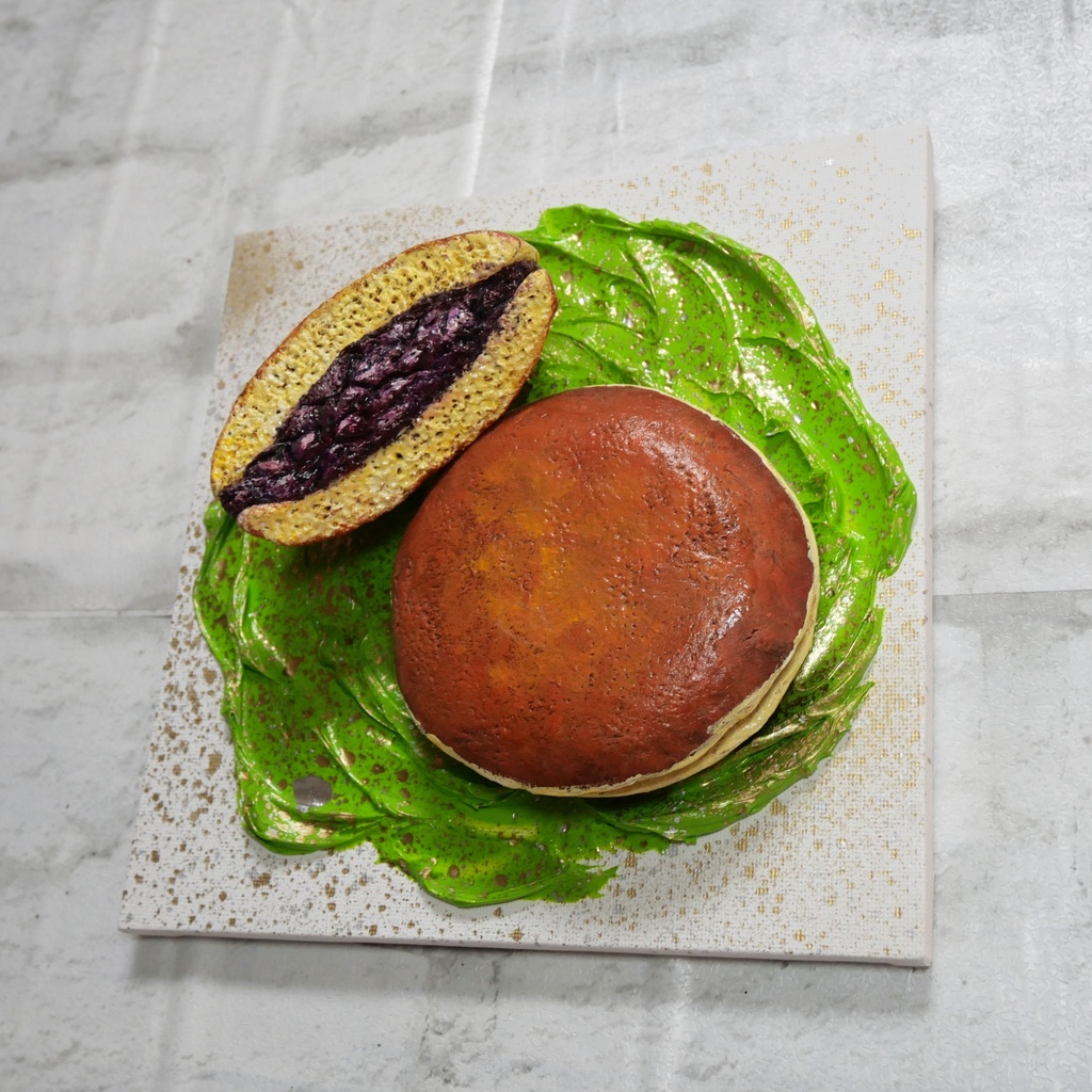 油絵 油彩 油彩画 絵 絵画 【抹茶の上のどら焼き】